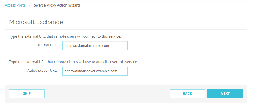 Screenshot that shows the Microsoft Exchange external URL and autodiscover URL.